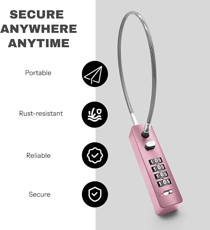4 Digit Combination Cable Lock for Bike Scooter Motorcycle Helmet Safe, 11.8" Cable Chain Pink, Combo Travel Lock with Code for Luggage Suitcase, Wardrobe, Fridge Door, Fence Gate, Locker