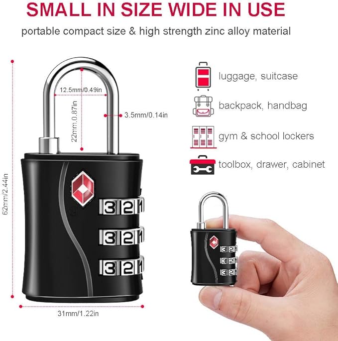 ZHEGE Luggage Lock TSA Approved, Small TSA Lock for Travel Suitcase, Backpack, Laptop Bag and Handbag - Easy to Set with Alloy Body (Black, 1 Pack)