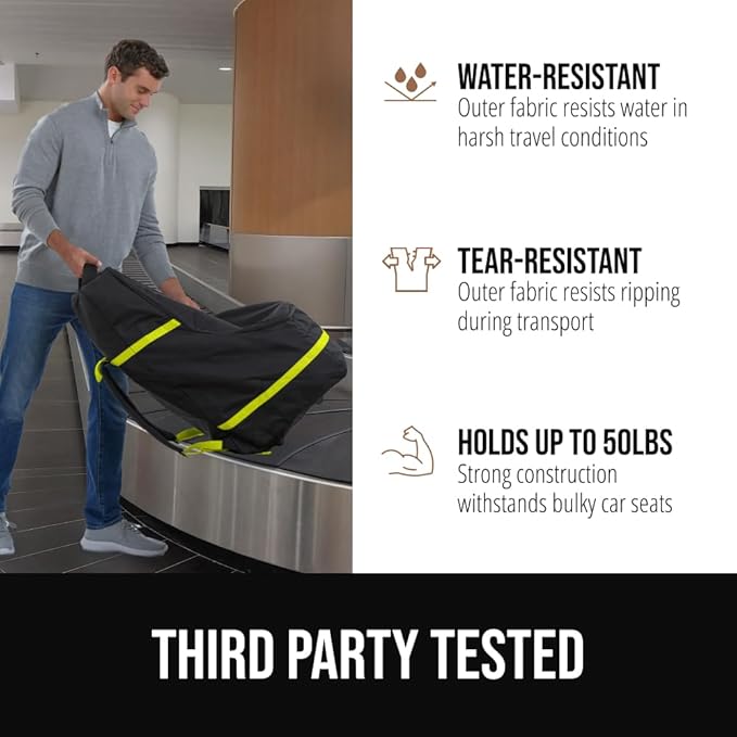 GORILLA GRIP Tear and Water Resistant Padded Car Seat Travel Bag for Airplane and Airport, Universal Fit Baby Carseat Bags, Holds Up to 50lbs, Handle & Shoulder Straps, Air Gate Check Carrier, Yellow