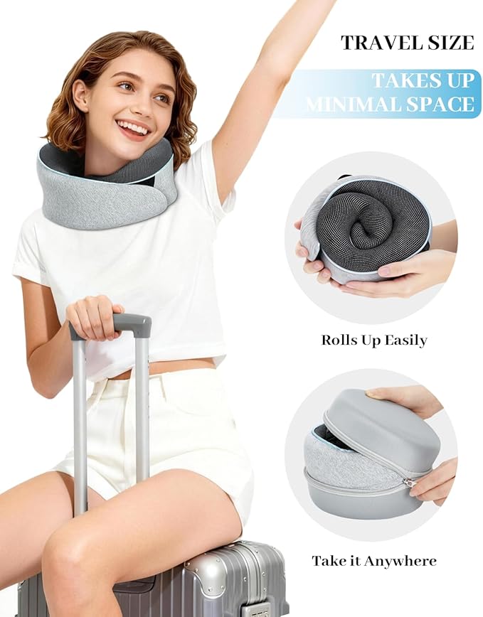 Travel Pillow for Long Flight Airplanes, Head Strap Combo & Eye Mask for Sleep, Airplane Neck Pillow with 360° Support Memory Foam to Prevent Head Bobbing, Road Trip Essentials, EVA Case, Light Grey