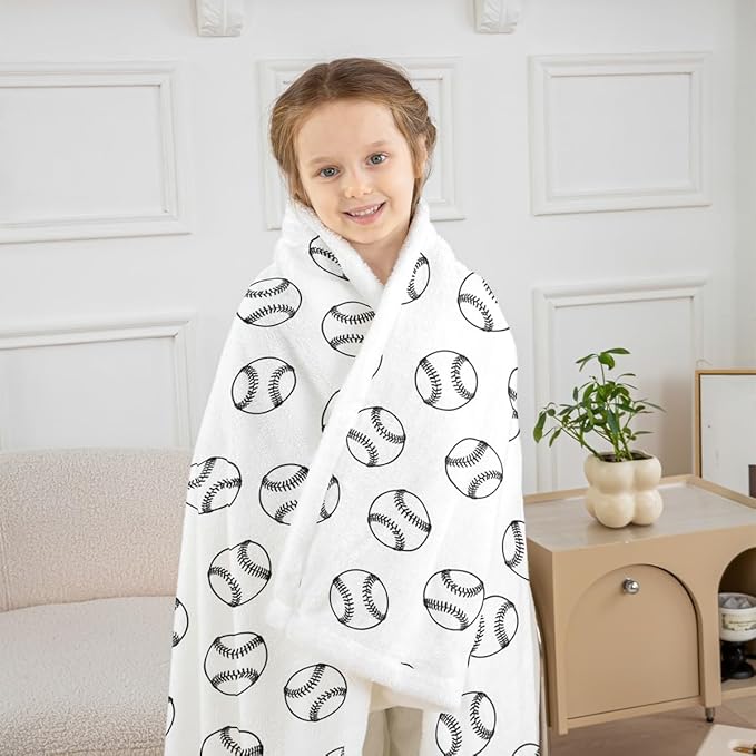 Baseball Kids Throw Blanket,Ball Sports Games Competition Bed Blanket for Girls Boys Adults,Simple Style Fashion Fleece Blanket,Black White Chic Fuzzy Blanket,Twin Size (60 x 80 Inches)