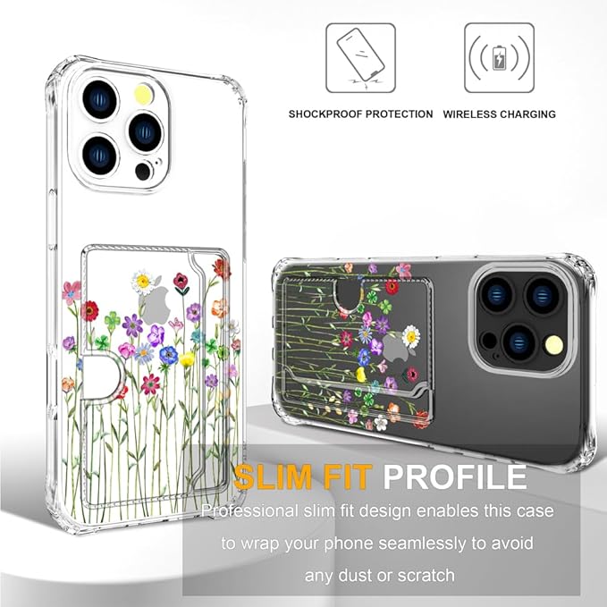 Compatible with iPhone 16 Pro Case Card Holder for Women Cute Design,Wallet Phone Cases Transparent Cool Kawaii Protective (Clear Flower Floral Bouquet)