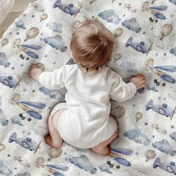 Unisex Plane Hot Air Balloons Transportation Theme Baby Nursery Throw Gift Blanket for Boys Girls, Aircraft Clouds Stars Pattern Swaddle Receiving Bed Blanket for Newborn Toddlers Kids-40x50