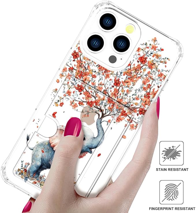 Compatible with iPhone 16 Pro Case Card Holder for Women Cute Design,Wallet Phone Cases Transparent Cool Kawaii Protective (Clear Elephant Creating Flowers)