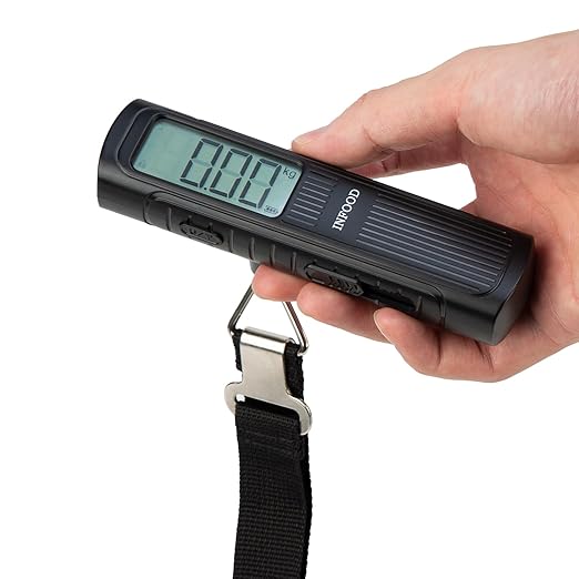 INFOOD Battery-Free Digital Luggage Scale, Suitcase Scale for Travel, Portable Luggage Weight Scale with Hook & LCD Display for Luggages, Packages & Bags, 110lb/50kg Handheld Scale, Black