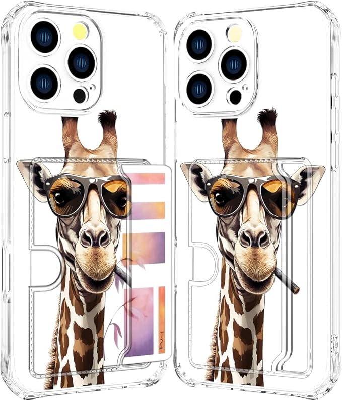 Compatible with iPhone 16 Pro Max Case Card Holder for Women Cute Design,Wallet Phone Cases Transparent Cool Kawaii Protective (Clear Giraffe Smoking Animal)