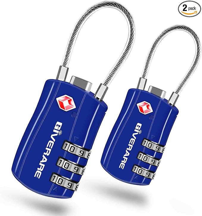GIVERARE 2 Pack TSA Approved Luggage Locks, Combination Travel Cable Lock, Re-settable 3-Digit Padlocks with Alloy Body, Keyless TSA Padlock for Gym Locker, Golf Bag Case-Blue