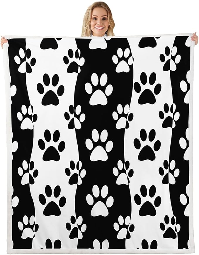 Dog Paws Print Kids Throw Blanket,Cute Animals Pets Dog Paws Bed Blanket for Girls Boys Adults,Geometric Waves Patchwork Fleece Blanket,Black White Fuzzy Blanket,Queen Size (90 x 90 Inches)