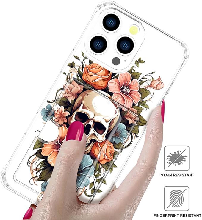 Compatible with iPhone 16 Pro Case Card Holder for Women Cute Design,Wallet Phone Cases Transparent Cool Kawaii Protective (Clear Skull & Flowers)