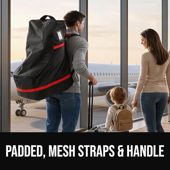GORILLA GRIP Tear and Water Resistant Padded Car Seat Travel Bag for Airplane and Airport, Universal Fit Baby Carseat Bags, Holds Up to 50lbs, Handle & Shoulder Straps, Air Gate Check Carrier, Red
