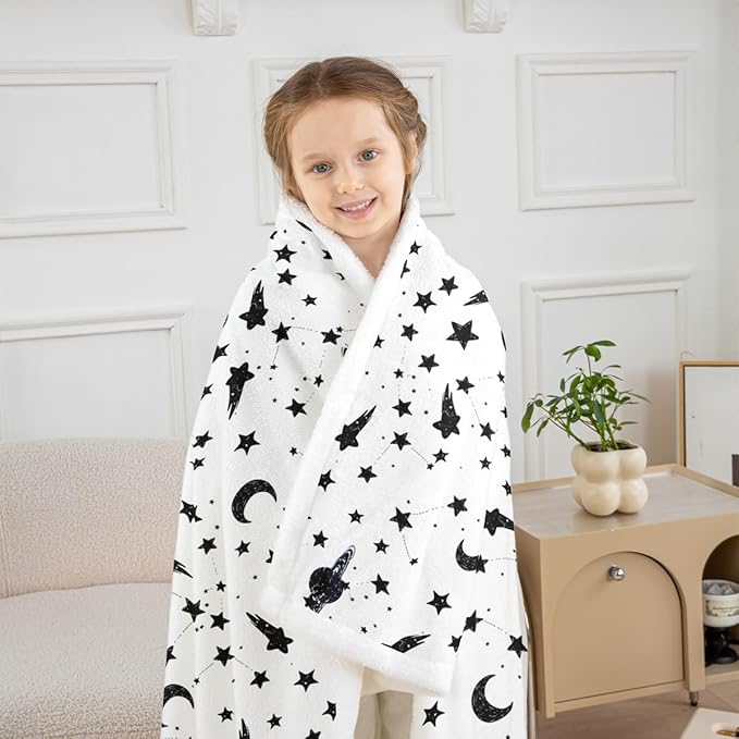 Sun and Moon Kids Throw Blanket,Starry Sky Galaxy Planets Romantic Bed Blanket for Girls Boys Adults,Constellation Trippy Fleece Blanket,Black White Fuzzy Blanket,40 x 50 Inches