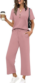 OFEEFAN 2 Piece Sets for Women Spring Fashion Beach Vacation Cruise Outfit Dressy Casual Wide Leg Crop Pants Resort Wear