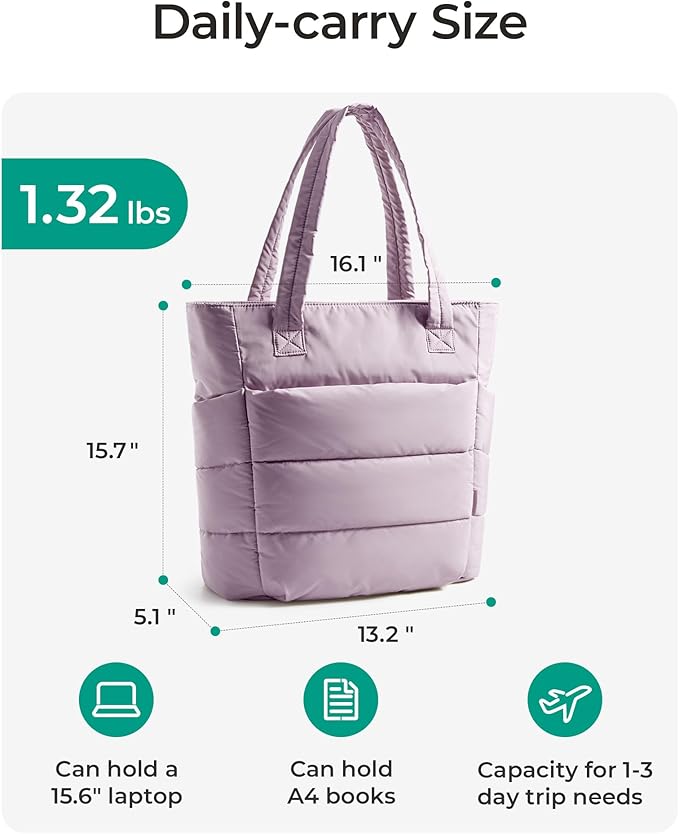BAGSMART Tote Bag for Women, Lightweight Puffy Tote Bag with Compartments Shoulder Bag Handbag for Travel, Work, Gym | Lightweight, Puffy, Quilted, for Travel, Work