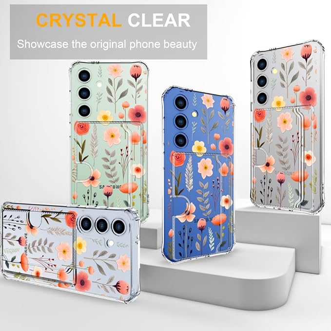 Compatible with Samsung Galaxy S24+ Plus / S25+ Plus Case Card Holder for Women Cute Design,Wallet Phone Cases Transparent Cool Kawaii Protective (Clear Flowers Leaves)