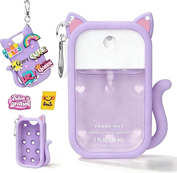 Portable Silicone Case Compatible with Touchland Hand Sanitizer 1 FL OZ / 30ML, Cute Cat-Shaped Case with 8 Charms and Keychain, Hand Sanitizer Spray Accessory, Gift for Women And Teens(Purple cat)