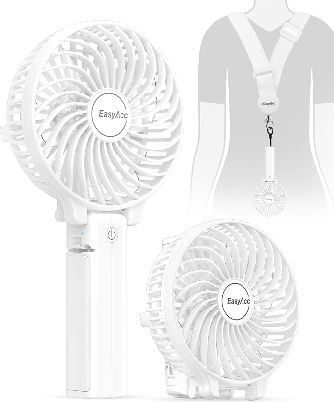 EasyAcc Handheld Fans [2x Crossbody Straps/2xDIY Stickers] for Portable Fan and Phones -Up to 10H Rechargeable Foldable Hand Desktop Fan for Home and Travel - White
