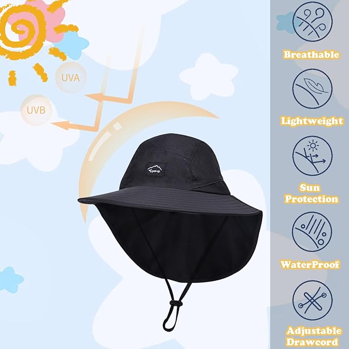 Outdoor Kids Sun Hat with Neck Flap UPF 50+ Quick Dry Beach Hats for Baby Boys Girls Age 2-12 Years Adjustable