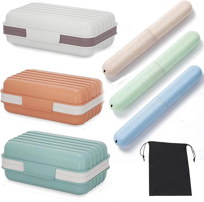 3Pcs Travel Soap Case and 3Pcs Toothbrush Travel Case Set,Leakproof Soap Dish with Lid Portable Toothbrush Holder for Traveling, Camping, Bathroom- Waterproof Drawstring Bag for Boot Backpack