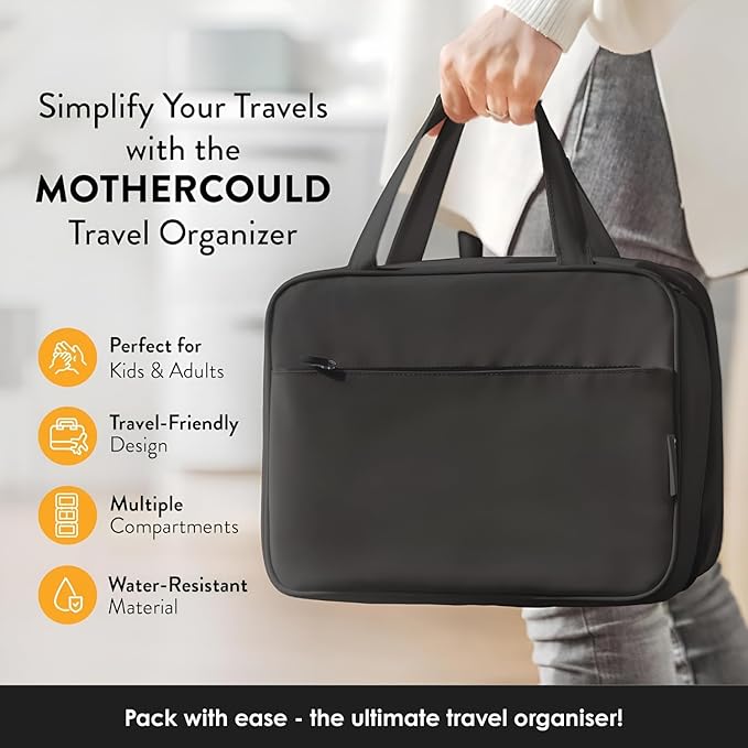 Travel Toiletry Bag for Men & Women, Large Capacity Makeup Organizer & Cosmetic Bag, Water-Resistant Portable Essentials Case with Metal Hook & Carry Handle - Perfect for Travel Use (Black, Large)
