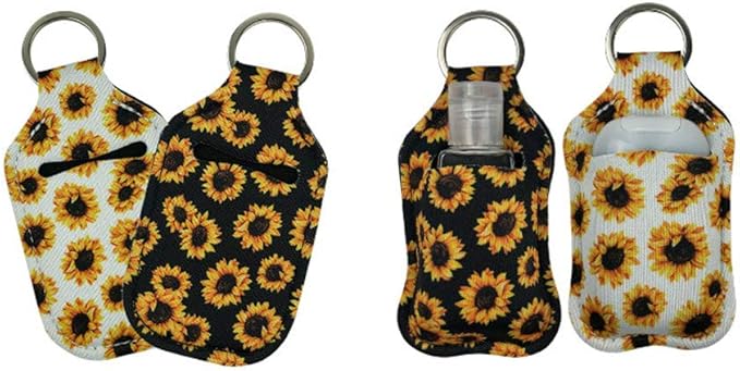 4 Piece Hand Sanitizer Bottle Holder Keyring Neoprene Keychain for 30ML Gym Shampoo Lotion Soap Perfume and Liquids Travel Containers,White Sunflower