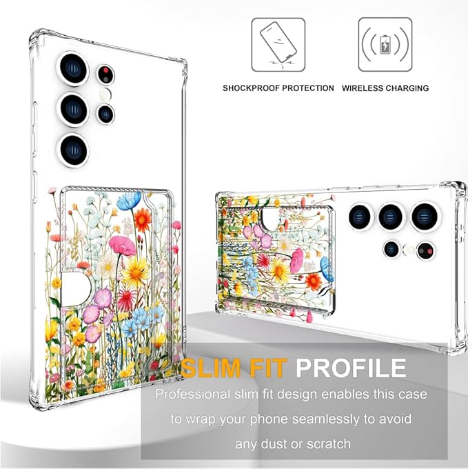 Compatible with Samsung Galaxy S24 Ultra Case Card Holder for Women Cute Design,Wallet Phone Cases Transparent Cool Kawaii Protective (Clear Flowers Herbs Wild Plants)