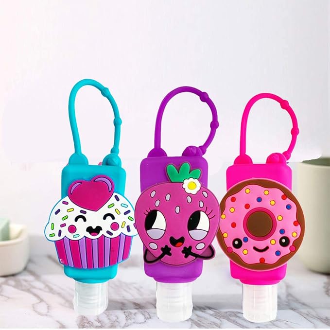 6Pcs Travel Size Kids Empty Hand Sanitizer Bottles with Keychain Holder Detachable Silicone Protective Case 30ml Plastic Travel Bottles Leak Proof Refillable Containers - Fruit & Cake