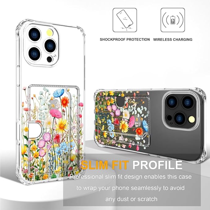 Compatible with iPhone 16 Pro Case Card Holder for Women Cute Design,Wallet Phone Cases Transparent Cool Kawaii Protective (Clear Flowers Herbs Wild Plants)