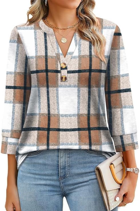 OFEEFAN Womens Tops 3/4 Sleeve Henley Shirts for Women Summer Outfits Fashion Clothing