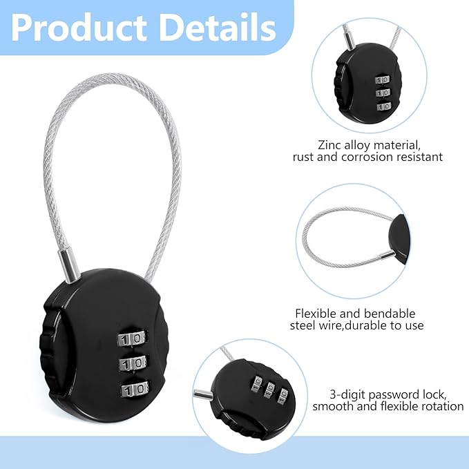 Moxweyeni 8 Pack Combination Wire Lock 3 Digit Small Combo Luggage Number Cable Padlock Outdoor Waterproof Resettable Lock for School Gym Locker Travel Backpack Suitcase Storage (Black Color)