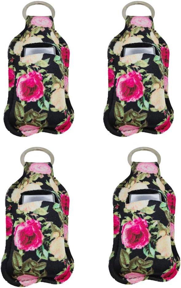 4 Piece Hand Sanitizer Bottle Holder Keyring-Ranxizy Neoprene Keychain for 30ML Gym Shampoo Lotion Soap Perfume and Liquids Travel Containers,Floral Flower