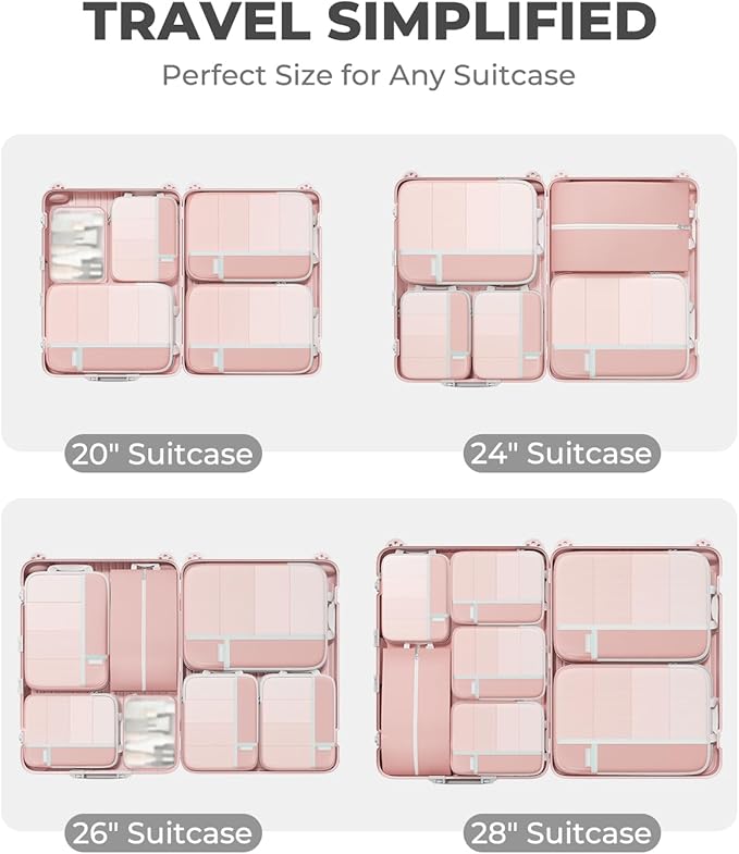Percover Compression Packing Cubes 10-Piece Set, Packing Cubes Compression for Travel with Toiletry Bag, Laundry Bag & Shoe Bag, All-in-One Travel Organizer for Carry On & Checked Luggage, Pink