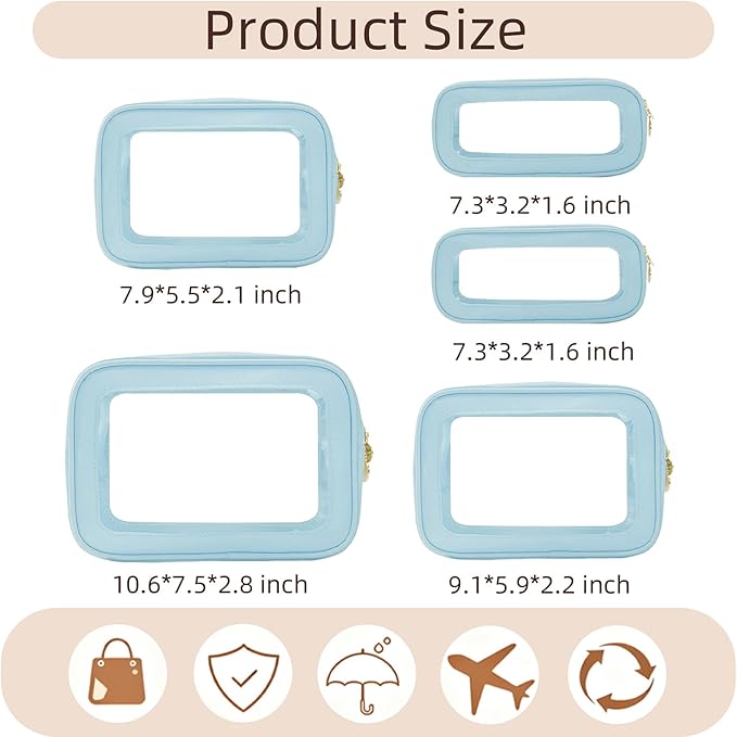 5PCS Diaper Bag Organizer Pouch Set, Clear Organizer Bags, TSA Approved Toiletry Bag, Clear Waterproof Cosmetic Bags with Zipper, Purse Organizer Pouches, Travel Organizer Bags for Woman and Kids Blue