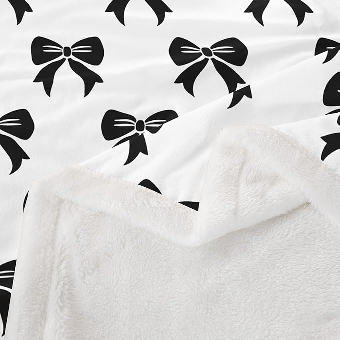 Bowknot Kids Throw Blanket,Cartoon Bowknot Girlish Bed Blanket for Girls Boys Adults,Cute Princess Style Fleece Blanket,Black White Fashion Fuzzy Blanket,Queen Size (90 x 90 Inches)