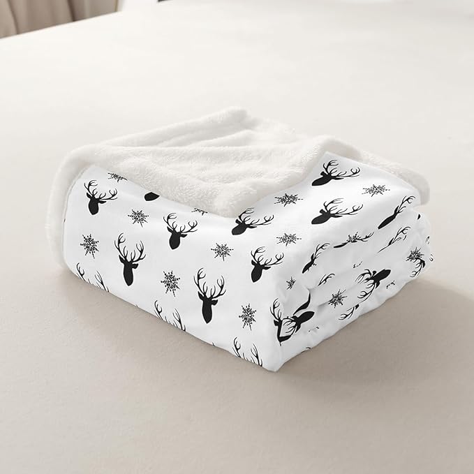 Deer Antlers Kids Throw Blanket,Snowflake Merry Christmas Xmas Bed Blanket for Girls Boys Adults,Rustic Farmhouse Fleece Blanket,Black White Chic Fuzzy Blanket,Twin Size (60 x 80 Inches)