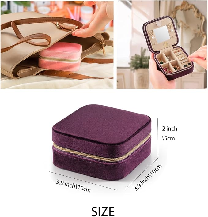 ZPROW Plush Velvet Travel Jewelry Case, Travel Jewelry Organizer, Jewelry Travel Case, Travel Jewelry Box, Small Jewelry Case for Women,Jewelry Travel Box, Earring Organizer with Mirror - Purple