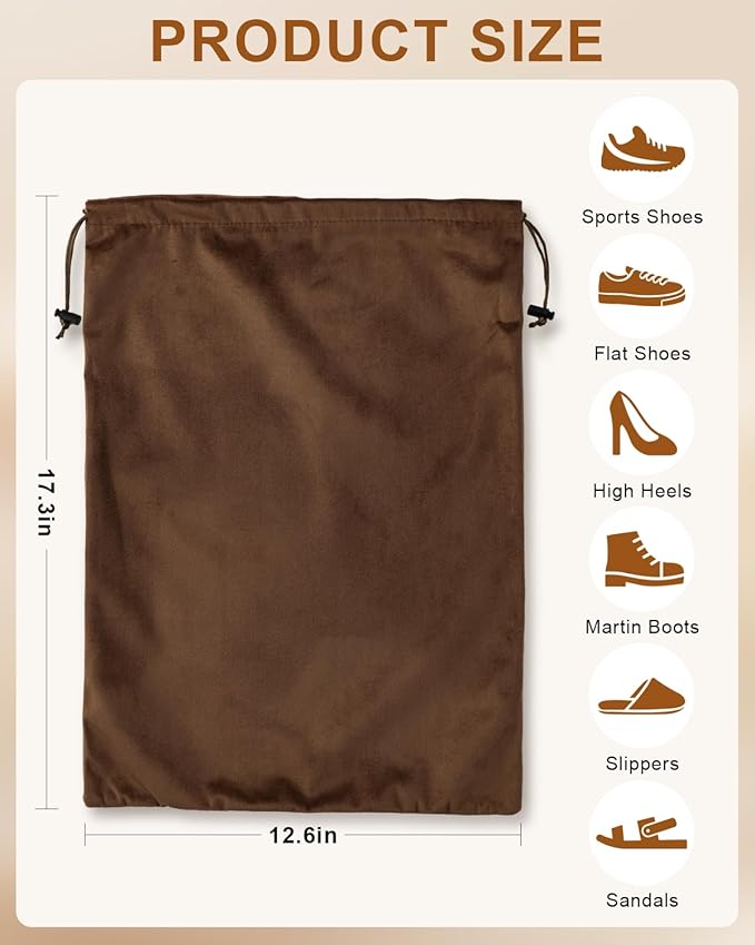FantasyLife Shoe Bags for Travel, Washable Dust Bags for Storage & Packing, Flannel Shoe Pouch with Drawstring Closure for Purses, Handbags, Shoes & Toys (2, Mocha Mousse, 17.3"x12.6")