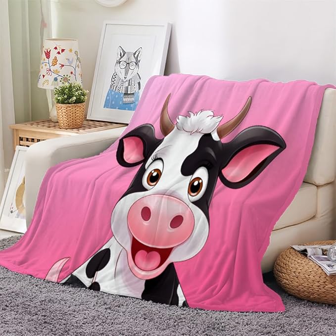 Cow Print Throw Blanket, Fleece Blanket for Couch Bed Sofa, Pastel Color Blankets and Throws, Pink Solid Super Soft Cozy Plush Flannel Blanket, 30 x 40 in, Cartoon Animals