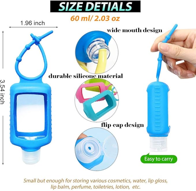 4 Pack Travel Size Plastic Clear Bottles w/Silicone Sleeve Refillable Empty Squeeze Containers Leakproof Flip Cap Keychain Bottles Hand Sanitizer Holder for Backpack Travel Outdoor (60ml/2oz)
