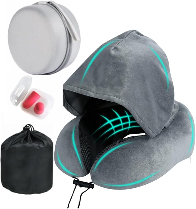 Travel Neck Pillow with Extra Large Hood Rollable Airplane Hooded Neck Pillow with Memory Foam Filling and Removable, Skin-Friendly Cover with Carrying Case & Pouch (Velvet)