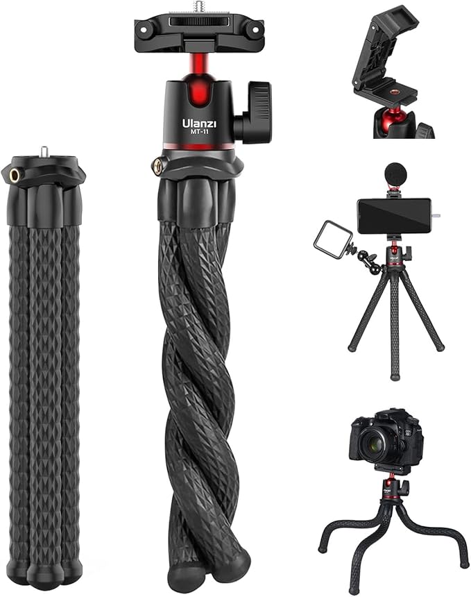 ULANZI Camera Tripod, Mini Flexible Stand w Hidden Phone Holder w Cold Shoe Mount, 1/4'' Screw f Magic Arm, Universal f iPhone 17 16 15 14 Pro Max XS Max X Samsung Canon Nikon Sony DJ Pocket 3 Cameras