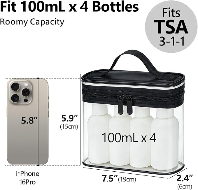 PACKISM TSA Approved Toiletry Bag 2 Pack - Quart Size Clear Makeup Bag with Handle & Dual Metal Zippers, Large Opening 3-1-1 Airline Compliant Security Travel Organizer for Carry On Liquids, Black