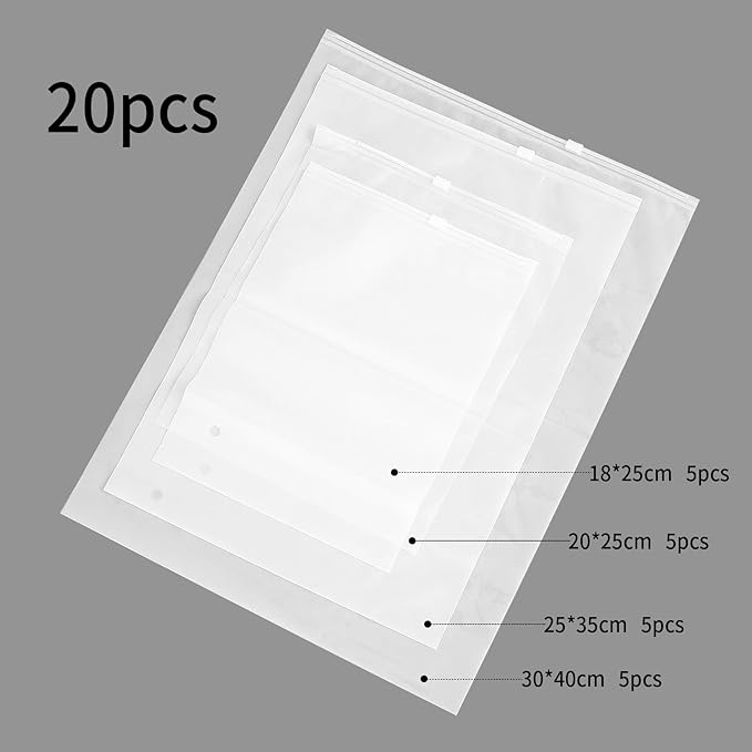 20 Pcs Travel Storage Bags for Luggage Organizer Bags, Clothes Packaging Ziplock Bag, Plastic Waterproof Resealable Compression Zipper Packing Bag for Travel Suitcase Clothing Shoes(4 Sizes)