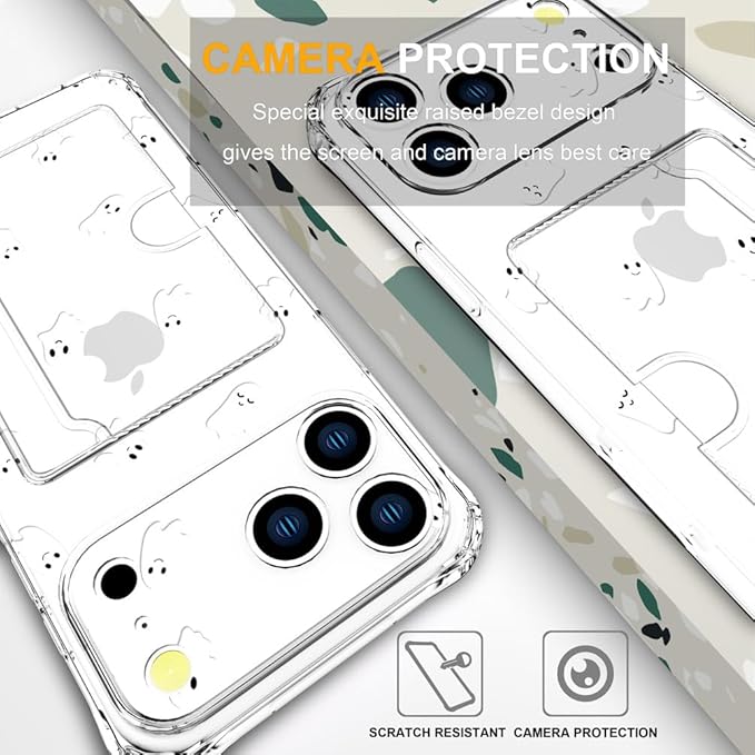 Compatible with iPhone 17 Pro Max Case Card Holder for Women Cute Design,Wallet Phone Cases Transparent Cool Kawaii Protective (Clear Ghosts Halloween Hallowmas)