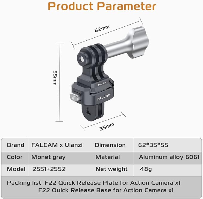 ULANZI Falcam F22 Quick Release Kit for Action Camera and DJI OSMO - Aluminum Action Camera Mounting Adapter Convert to F22 QR System with 1/4" Thread for Tripods, Selfie Sticks, Vlogging Accessories