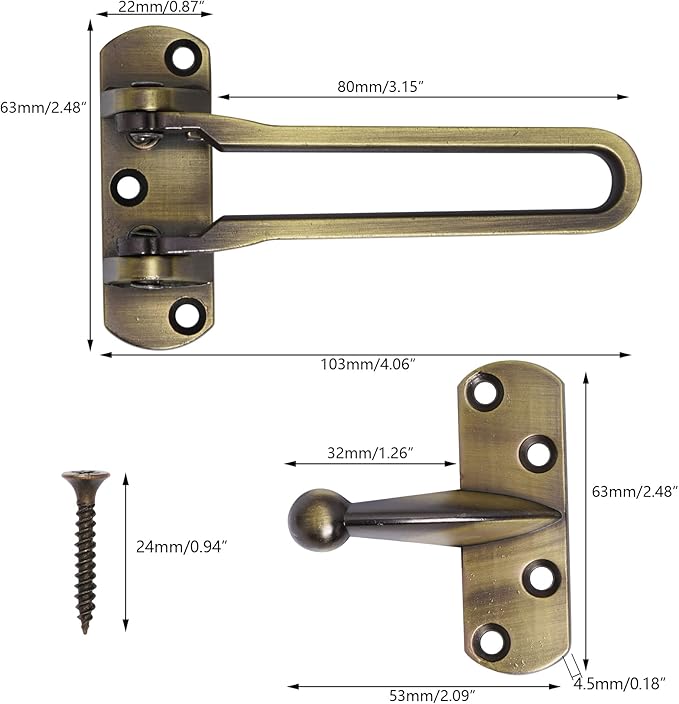 Topbuti Home Security Door Lock, 2 Pack Latch Guard Clasp Front Door Locks for Kids, Home Reinforcement Lock for Swing-in Doors, Hotel Door Latches, Thicken Solid Aluminium Alloy (Antique Brass)