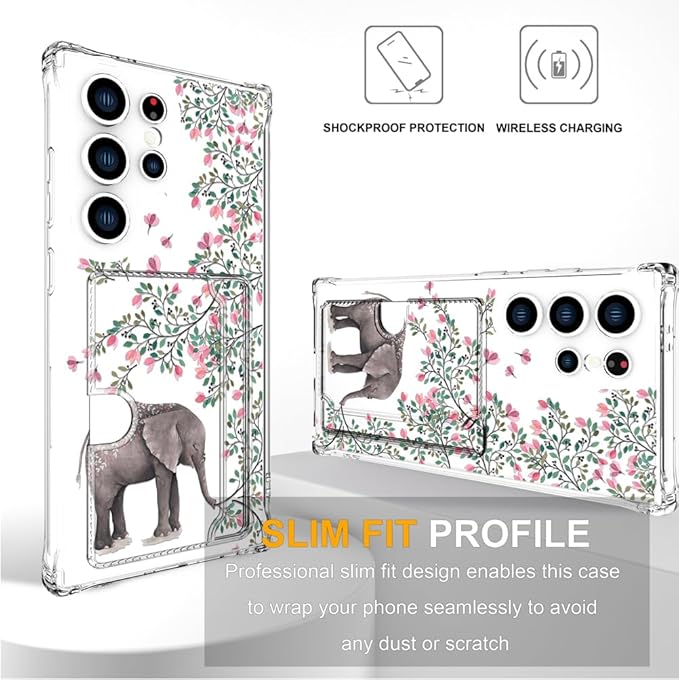 Compatible with Samsung Galaxy S24 Ultra Case Card Holder for Women Cute Design,Wallet Phone Cases Transparent Cool Kawaii Protective (Clear Elephant Flowers)