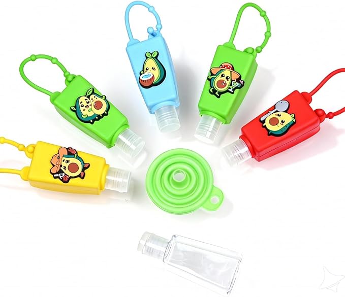 5-Pack Cartoon Kids Hand Sanitizer Holder, 30ml Travel Size Refillable Bottles with Silicone Case, Leak-Proof Portable Containers for Lotion & Liquid Soap (Avocado Fun)