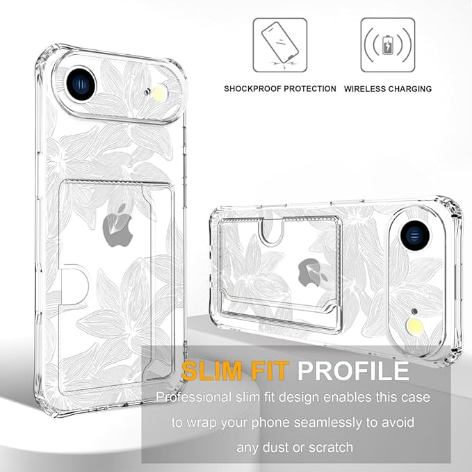 Compatible with iPhone 17 Air Case Card Holder for Women Cute Design,Wallet Phone Cases Transparent Cool Kawaii Protective (Clear Flower White)