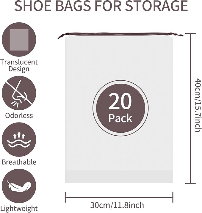 20 Pack Shoe Bags - 15.7" x 11.8" Clear Large Waterproof Portable Drawstring Shoe Storage Bags for Packing Travel Essentials