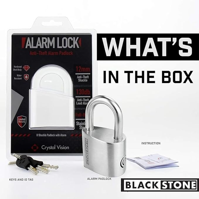 Blackstone Anti-Theft Loud 130db Alarm Padlock Weather Proof Heavy Duty Multi Purpose (12mm Shackle)